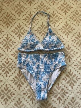 Blue & White Smocked High-Waist Bikini — Women Swim